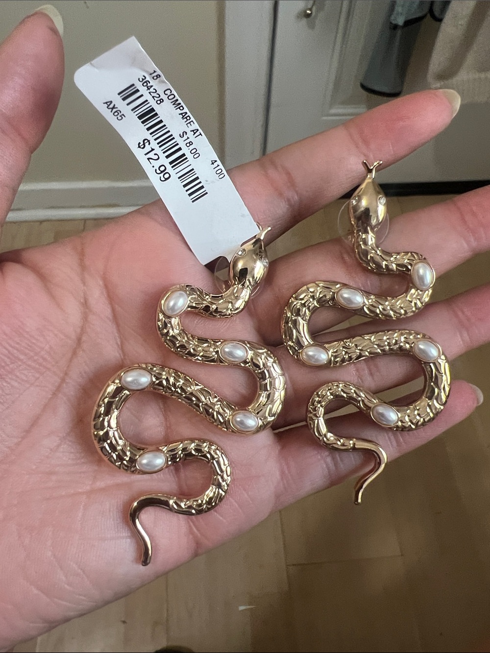 Gold Snake Pearl Drop Earrings